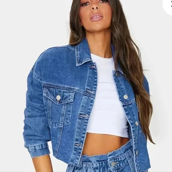 PrettyLittleThing Mid Wash Cropped Denim Jacket. Size 10 - Picture 1 of 6